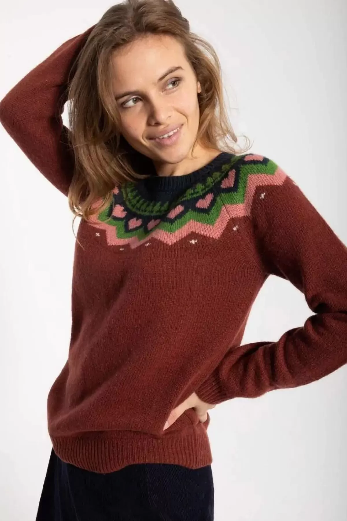 Dame Danefæ Dananne Wool Sweater Red Wine/Old Rose/Fall Jungle