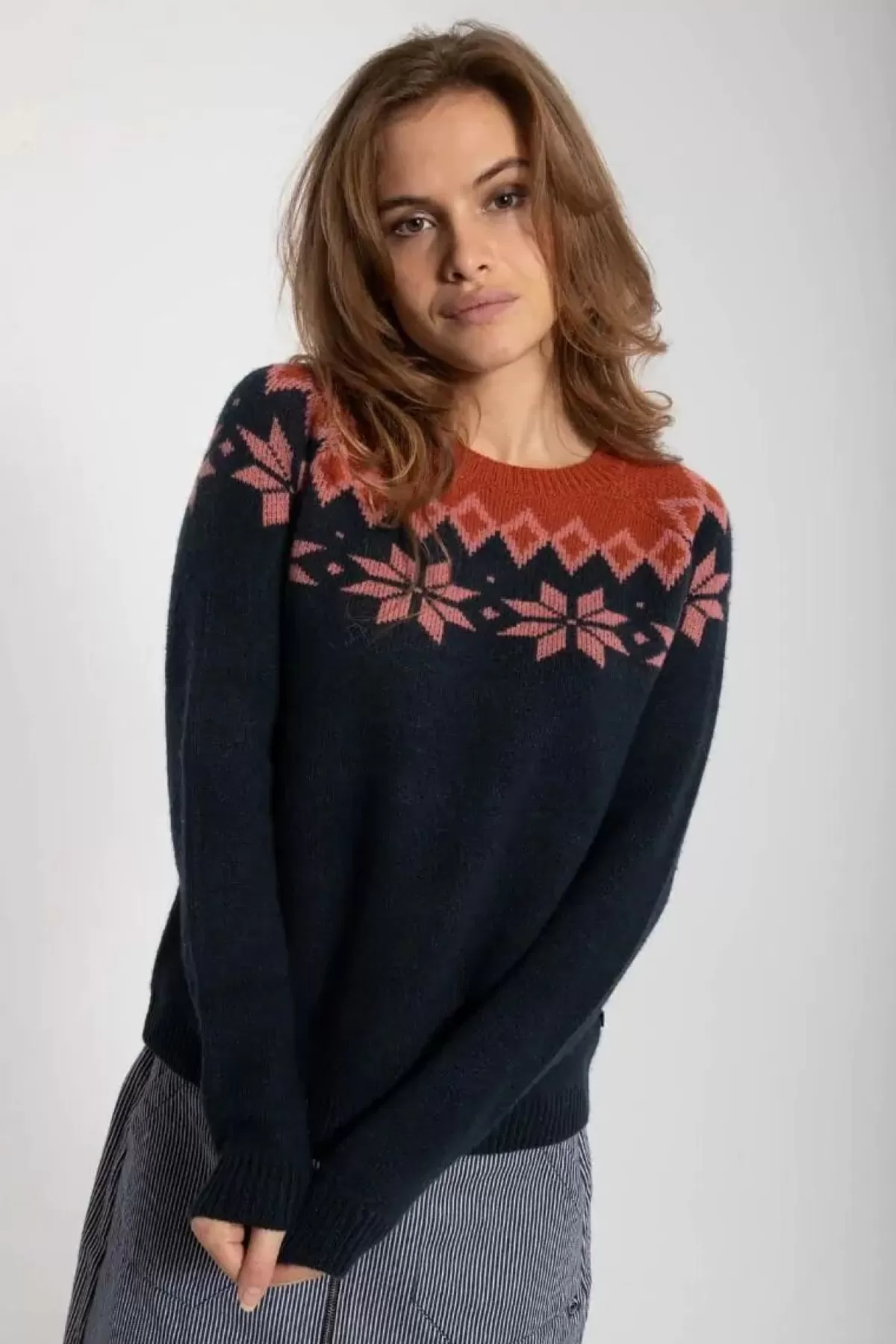 Dame Danefæ Danehytte Wool Sweater Dk Navy/Old Rose/Brick