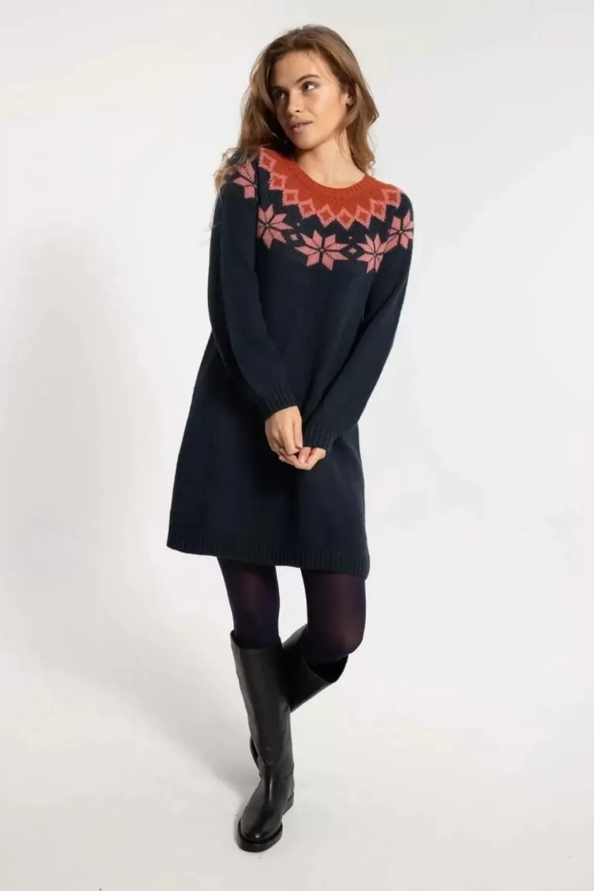 Dame Danefæ Danesukkertop Wool Sweater Dress Dk Navy/Old Rose/Brick