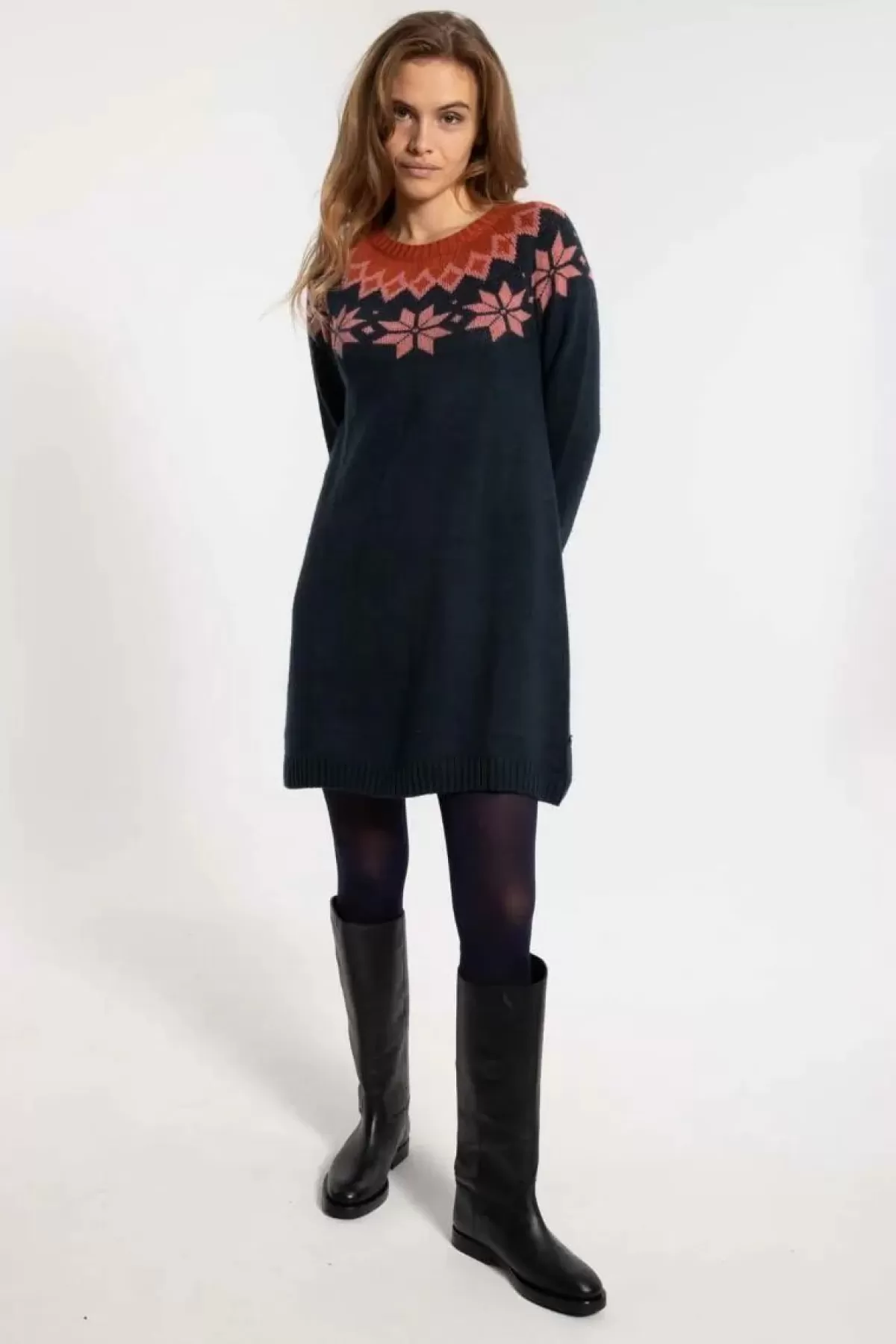 Dame Danefæ Danesukkertop Wool Sweater Dress Dk Navy/Old Rose/Brick