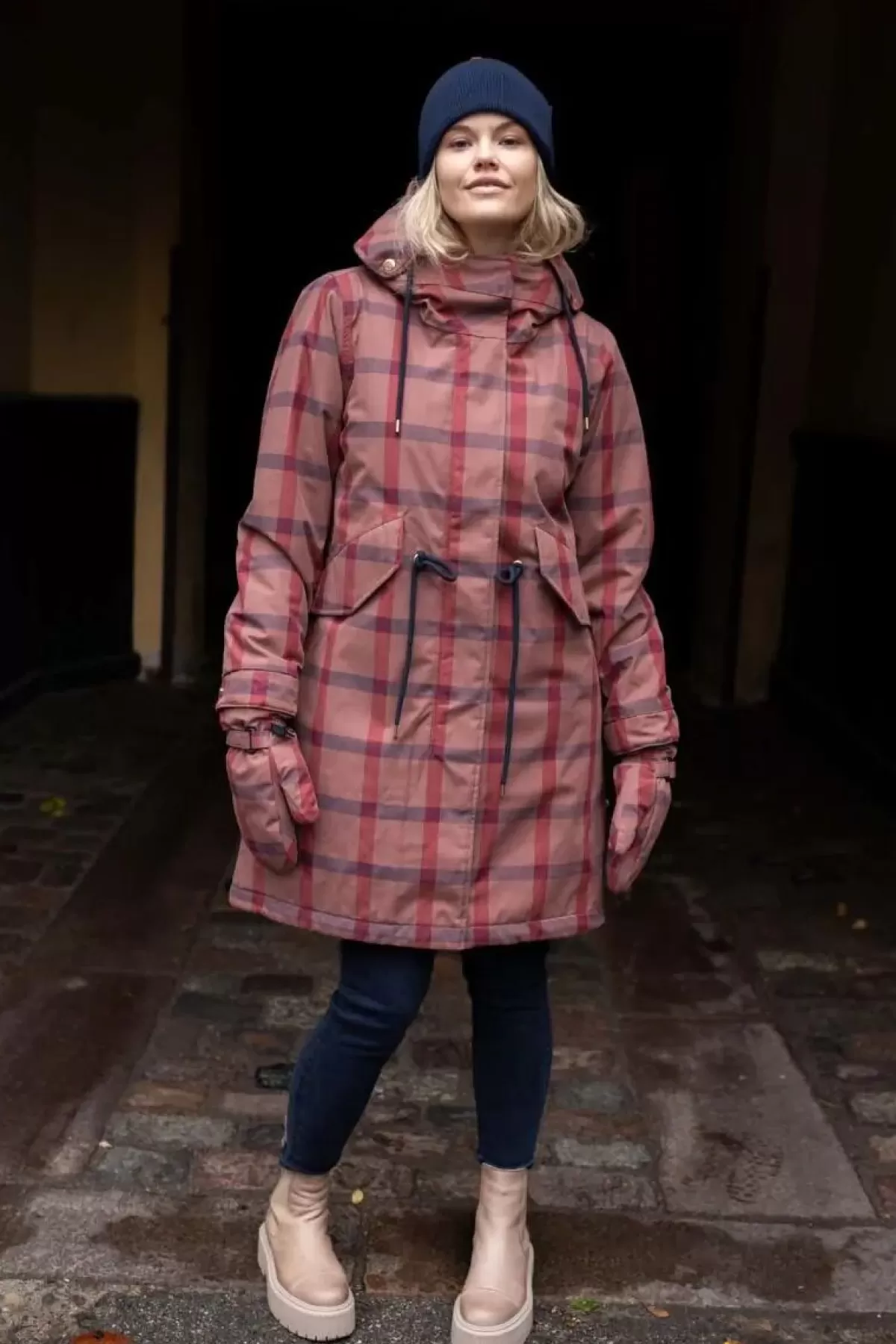 Dame Danefæ Danesvaneke Plaid Winter Parka Beige Rose/Dark Navy/Redwine