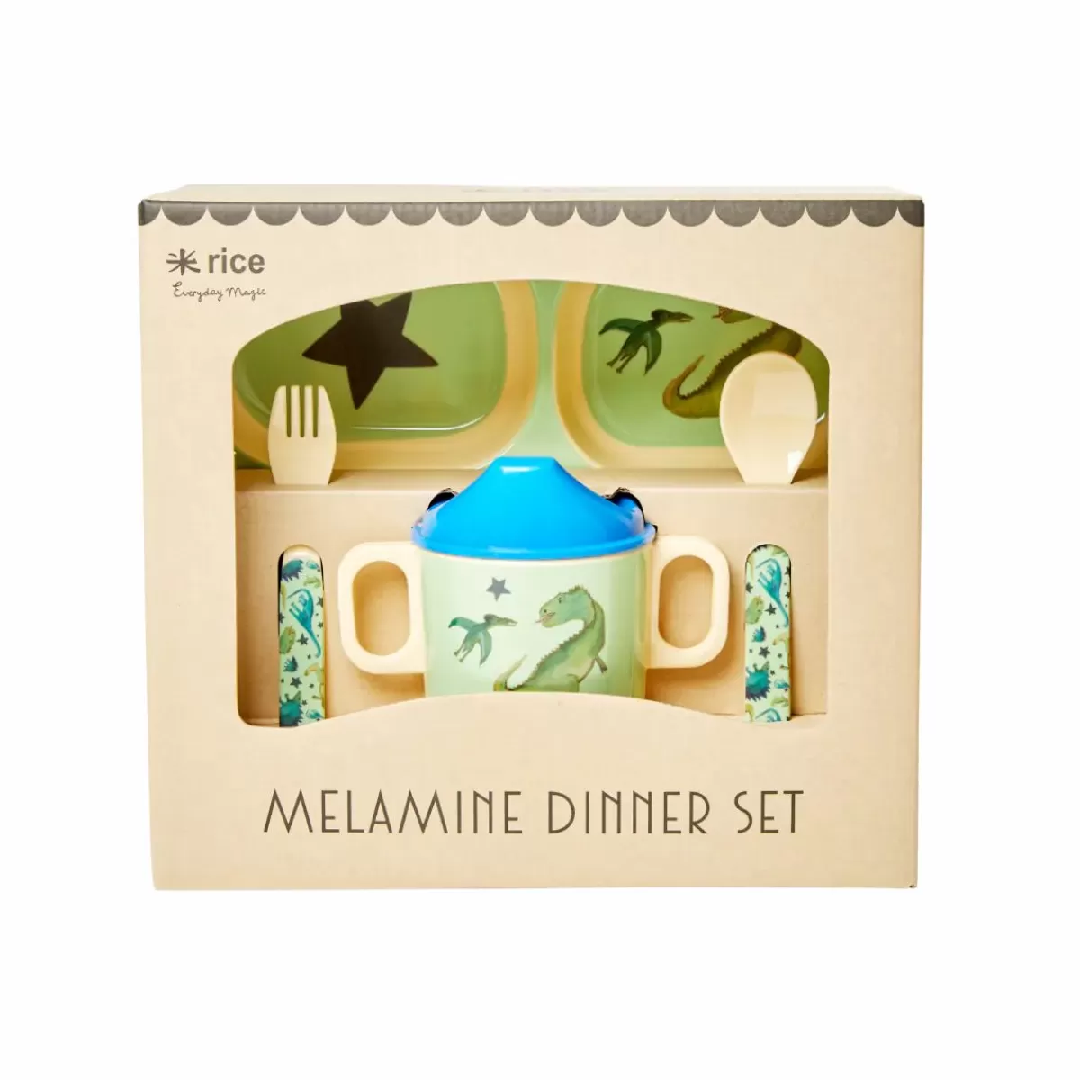 Baby Danefæ Rice Melamine Baby Spisesaet Green Dinosaurs